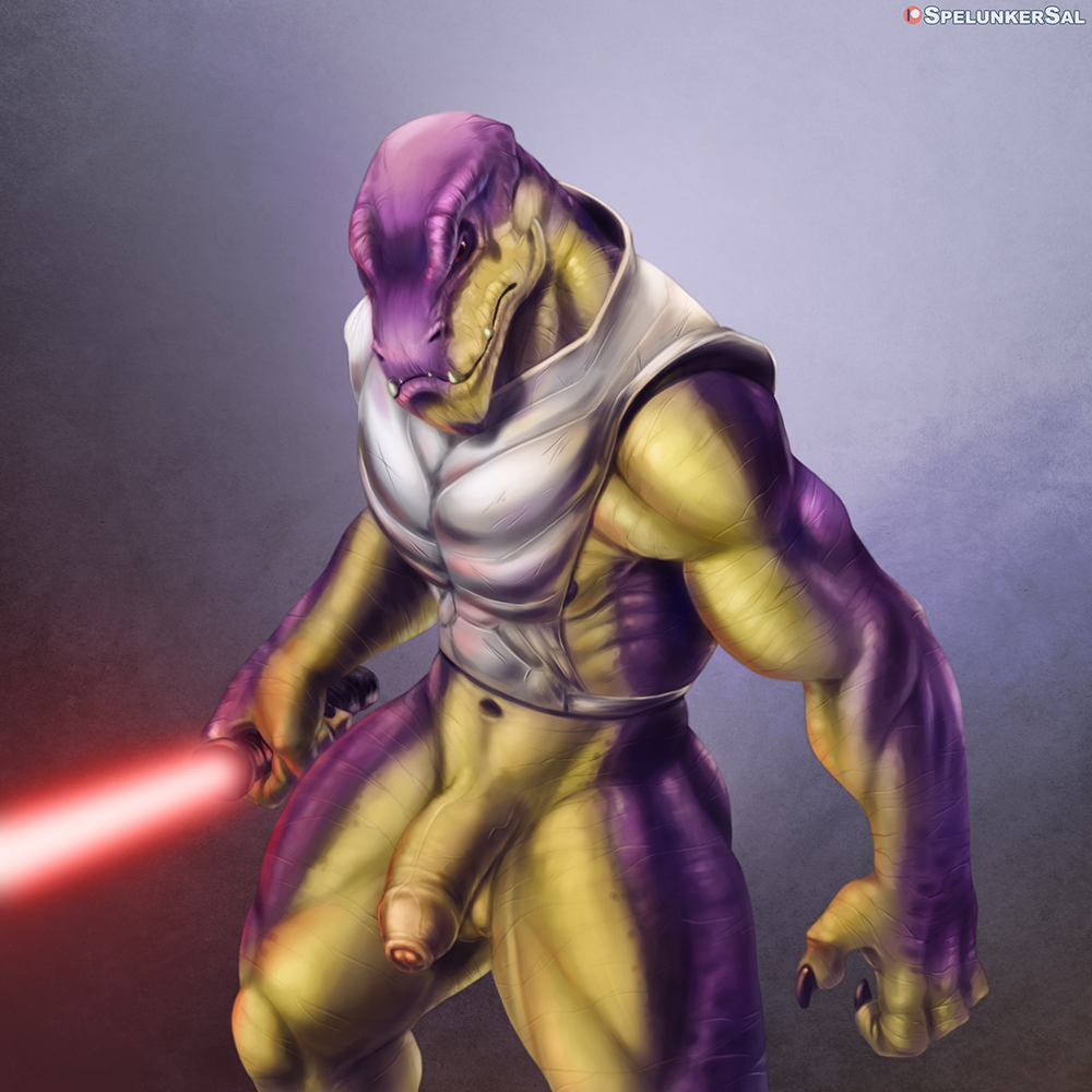 alien balls biceps chistori claws desann genitals lightsaber male melee_weapon muscular muscular_male navel nipples pecs penis reptile scales scalie solo spelunker_sal star_wars vein veiny_penis weapon