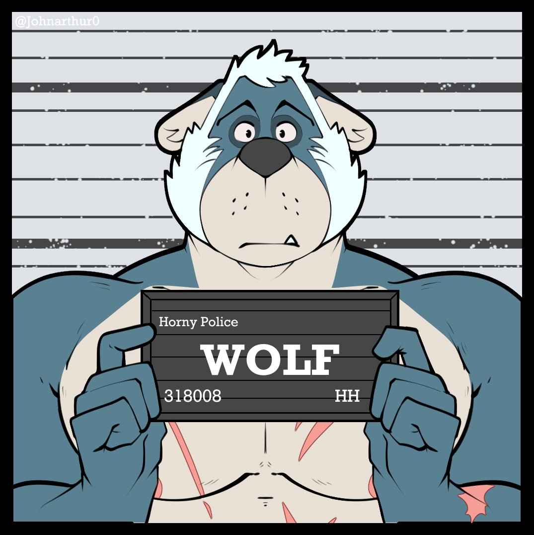 2023 anthro barbie_and_ken_mugshot_meme black_border border canid canine canis character_name clothed clothing digital_media_(artwork) english_text facial_hair fur go_to_horny_jail grey_body grey_fur hair hero's_heart johnarthur0 looking_at_viewer male mammal mature_male meme mugshot scar sideburns solo text topless white_hair wolf wolf_(hero's_heart)