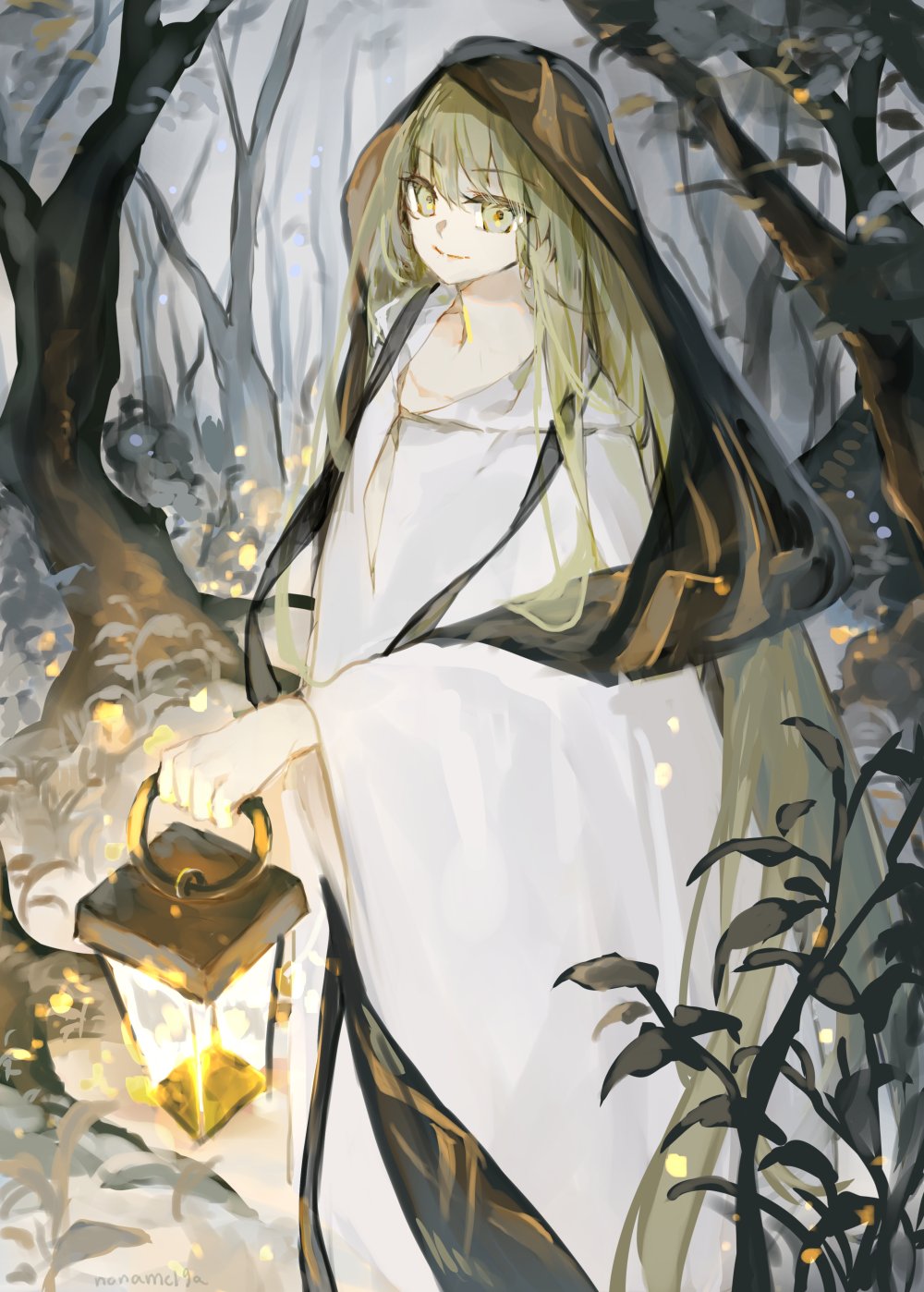 1other androgynous bare_tree enkidu_(fate) fate/strange_fake fate_(series) feet_out_of_frame forest green_eyes green_hair highres holding holding_lantern hood hood_up lantern long_hair looking_ahead nature noname1995 robe smile solo tree