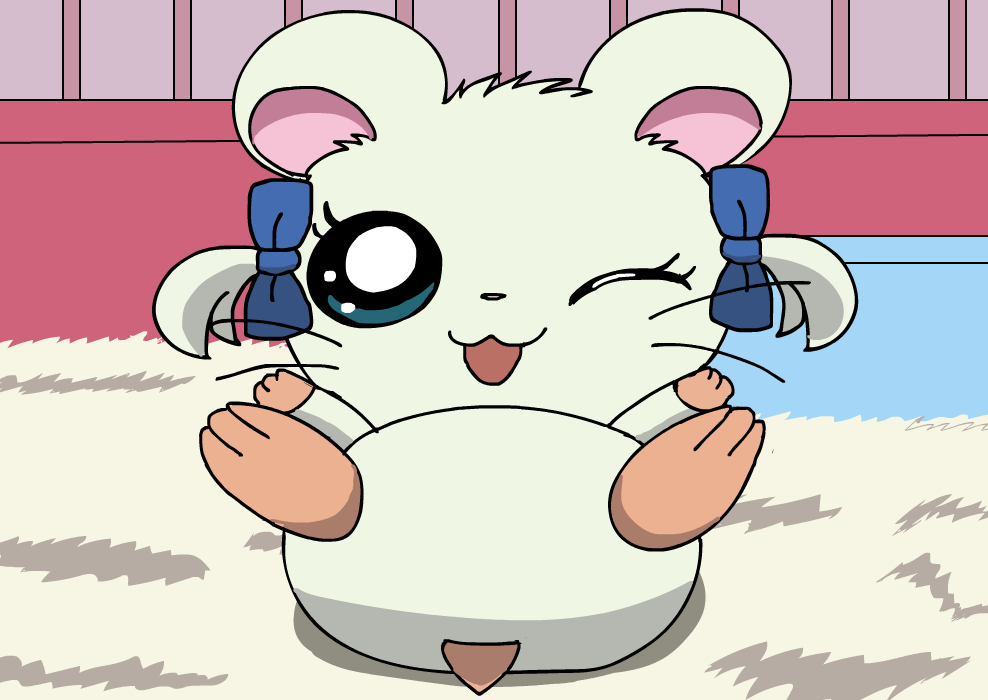 bijou_(hamtaro) blue_eyes bow_accessory bow_ribbon cage cricetid featureless_crotch female feral fur hamster hamtaro_(series) lying mammal on_back one_eye_closed pichu90 rodent solo whiskers white_body white_fur wink