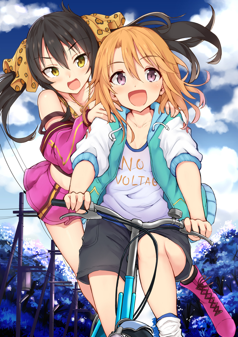 2girls animal_print ankle_boots bare_shoulders bicycle black_hair black_shorts blue_sky blush boots breasts cleavage cloud collarbone crop_top cropped_shirt day dot_nose english_text green_hoodie hair_between_eyes hair_ribbon hands_on_another's_shoulders heart heart_necklace hood hood_down hoodie idolmaster idolmaster_cinderella_girls idolmaster_cinderella_girls_starlight_stage idolmaster_cinderella_girls_u149 jacket jewelry kazuchi leopard_print long_hair long_sleeves looking_at_another looking_at_viewer matoba_risa midriff multiple_girls multiple_riders necklace off_shoulder open_clothes open_hoodie open_mouth orange_hair outdoors pink_footwear pink_jacket pink_skirt print_ribbon print_shirt purple_eyes ribbon riding riding_bicycle shirt shorts skirt sky small_breasts smile socks tree twintails utility_pole white_shirt white_socks yellow_eyes yuuki_haru