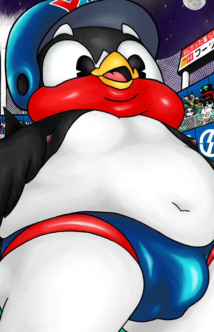 anthro atlus avian baseball_(sport) baseball_field baseball_helmet belly belly_overhang bird bulge butt cartoon_network clothing disney hi_res hirundinid king_clawthorne male mao_mao:_heroes_of_pure_heart mascot megami_tensei megami_tensei_persona momu9172 moon morgana_(persona) night nipples nippon_professional_baseball obese oscine overweight passerine perry_the_platypus peter_the_panda phineas_and_ferb puro sega sheriff_mao_mao_mao solo speedo sport stadium stadium_lighting star swallow_(bird) swimwear the_owl_house tokyo_yakult_swallows tsuba-kun tsubakuro