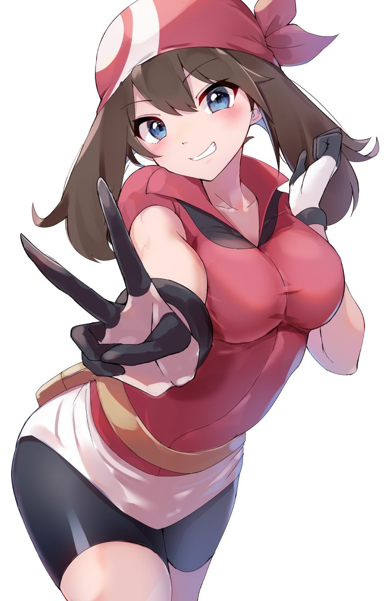 1girl bandana bike_shorts black_shorts blue_eyes blush breasts brown_hair fanny_pack gloves hair_between_eyes highres looking_at_viewer may_(pokemon) medium_breasts multicolored_clothes multicolored_gloves pokemon pokemon_(game) pokemon_rse racket_ti1 red_bandana red_headwear red_shirt shirt shorts simple_background smile solo tight_clothes v white_background