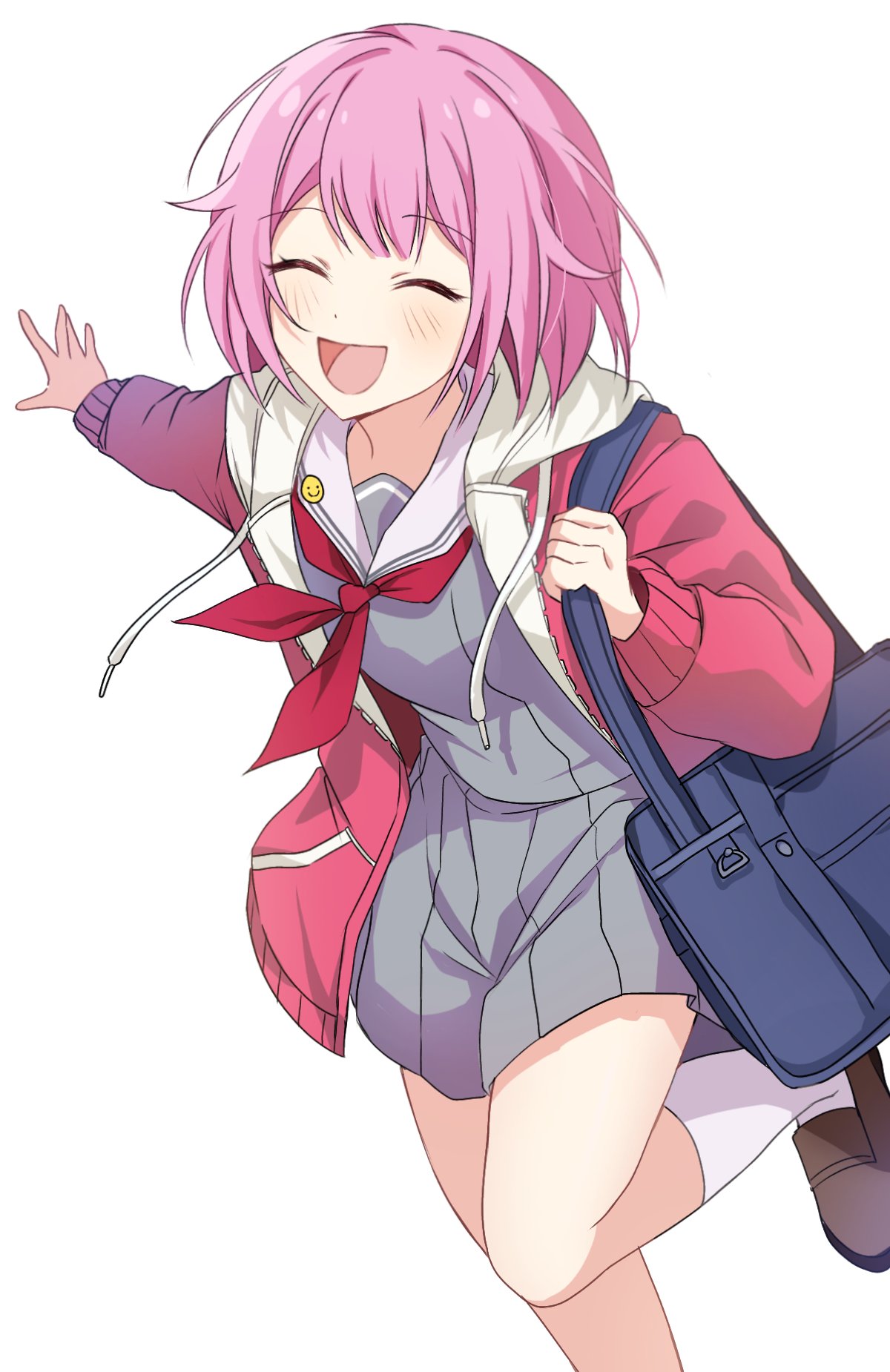 1girl bag blush bob_cut ceiling39 closed_eyes dot_nose drawstring grey_skirt highres hood hood_down hooded_jacket jacket kneehighs long_sleeves miyamasuzaka_girls'_academy_school_uniform neckerchief ootori_emu open_clothes open_jacket open_mouth pink_hair pink_jacket project_sekai red_neckerchief sailor_collar school_bag school_uniform serafuku short_hair shoulder_bag simple_background skirt smile socks solo white_background white_sailor_collar white_socks