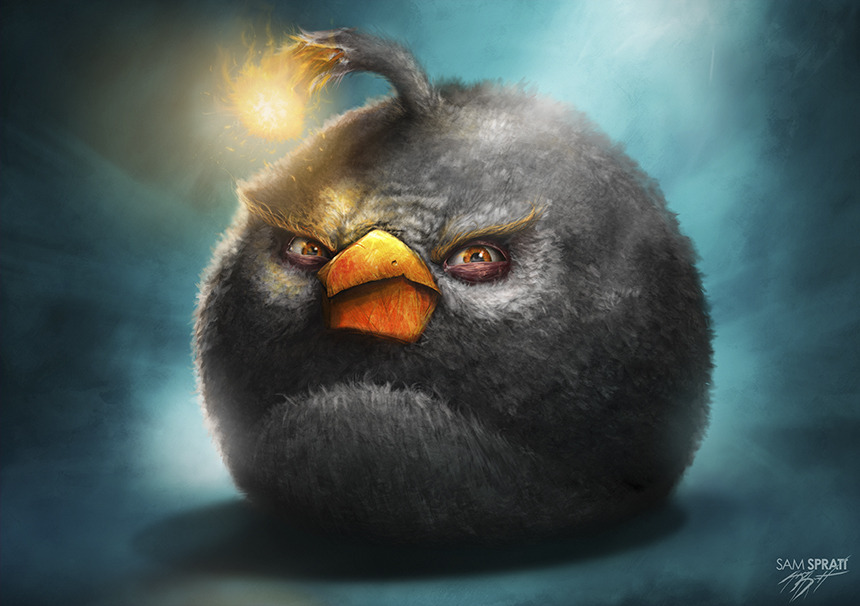 2010 angry angry_birds artist_name avian beak bird black_body black_feathers bodily_fluids bomb_(angry_birds) crying feathers feral frown frown_eyebrows half-closed_eyes narrowed_eyes orange_beak realistic sam_spratt signature simple_background teal_background tears