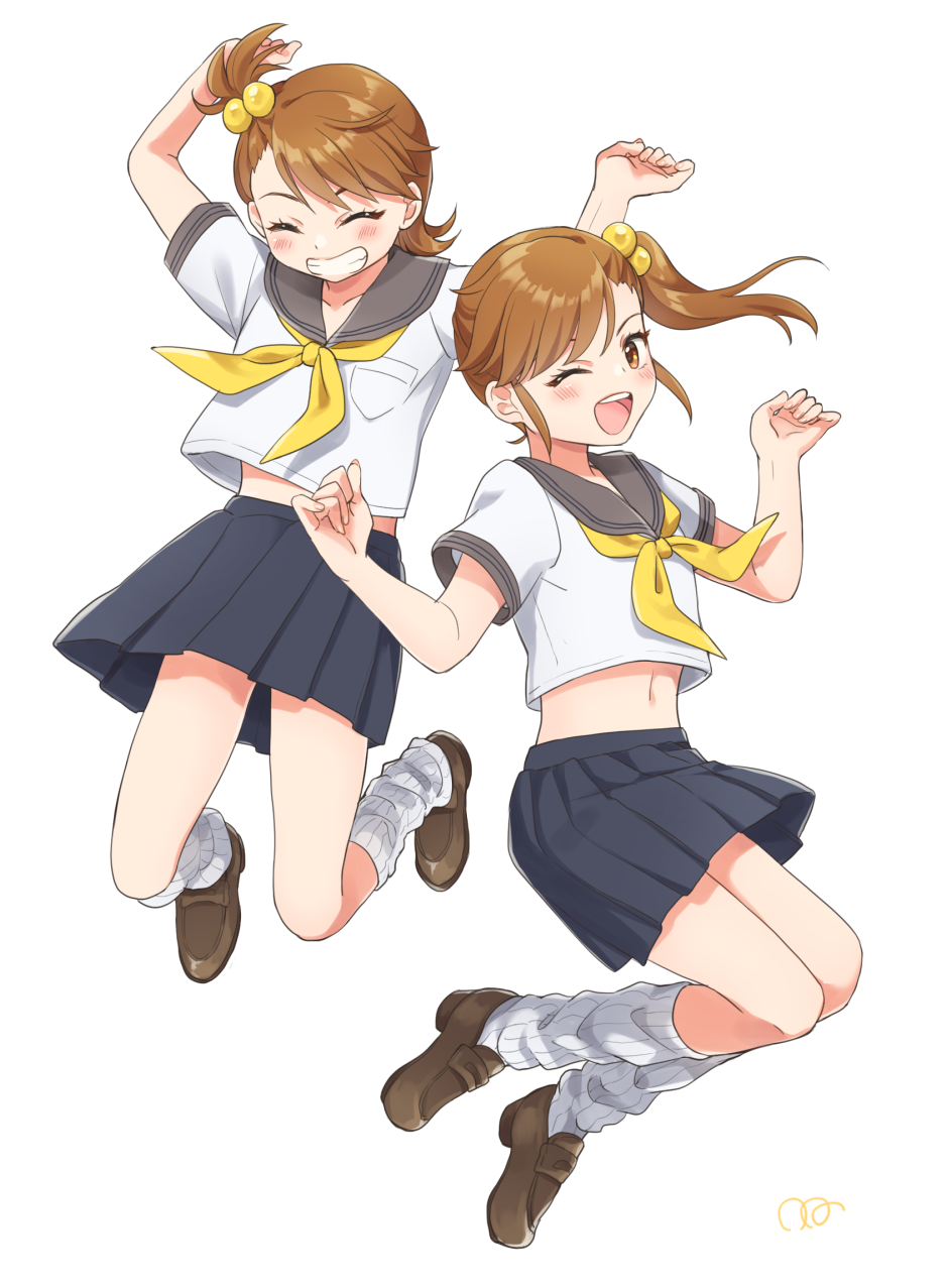 2girls arms_up black_skirt blush bow breasts brown_eyes brown_footwear brown_hair clenched_hands closed_eyes dot_nose full_body futami_ami futami_mami grey_sailor_collar grin hair_bobbles hair_bow hair_ornament hands_up highres idolmaster idolmaster_(classic) idolmaster_million_live! idolmaster_million_live!_theater_days jumping loafers long_hair looking_at_viewer loose_socks midriff_peek multiple_girls navel neckerchief one_eye_closed open_mouth oq pleated_skirt pocket sailor_collar school_uniform serafuku shirt shoes short_hair short_sleeves siblings side_ponytail signature simple_background sisters skirt small_breasts smile socks teeth twins white_background white_shirt white_socks yellow_bow yellow_neckerchief