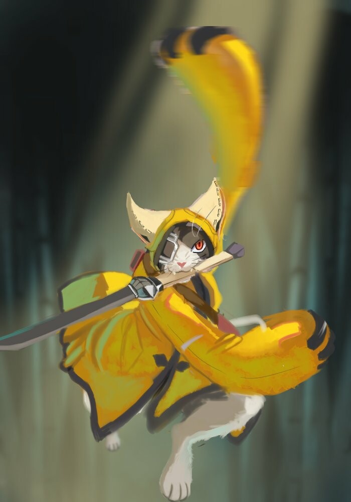 bamboo blazblue domestic_cat eye_patch eyewear fangs felid feline felis feral g4brields jubei_(blazblue) male mammal melee_weapon pantsless paws pose samurai serious_face solo swinging swinging_arms sword teeth warrior weapon