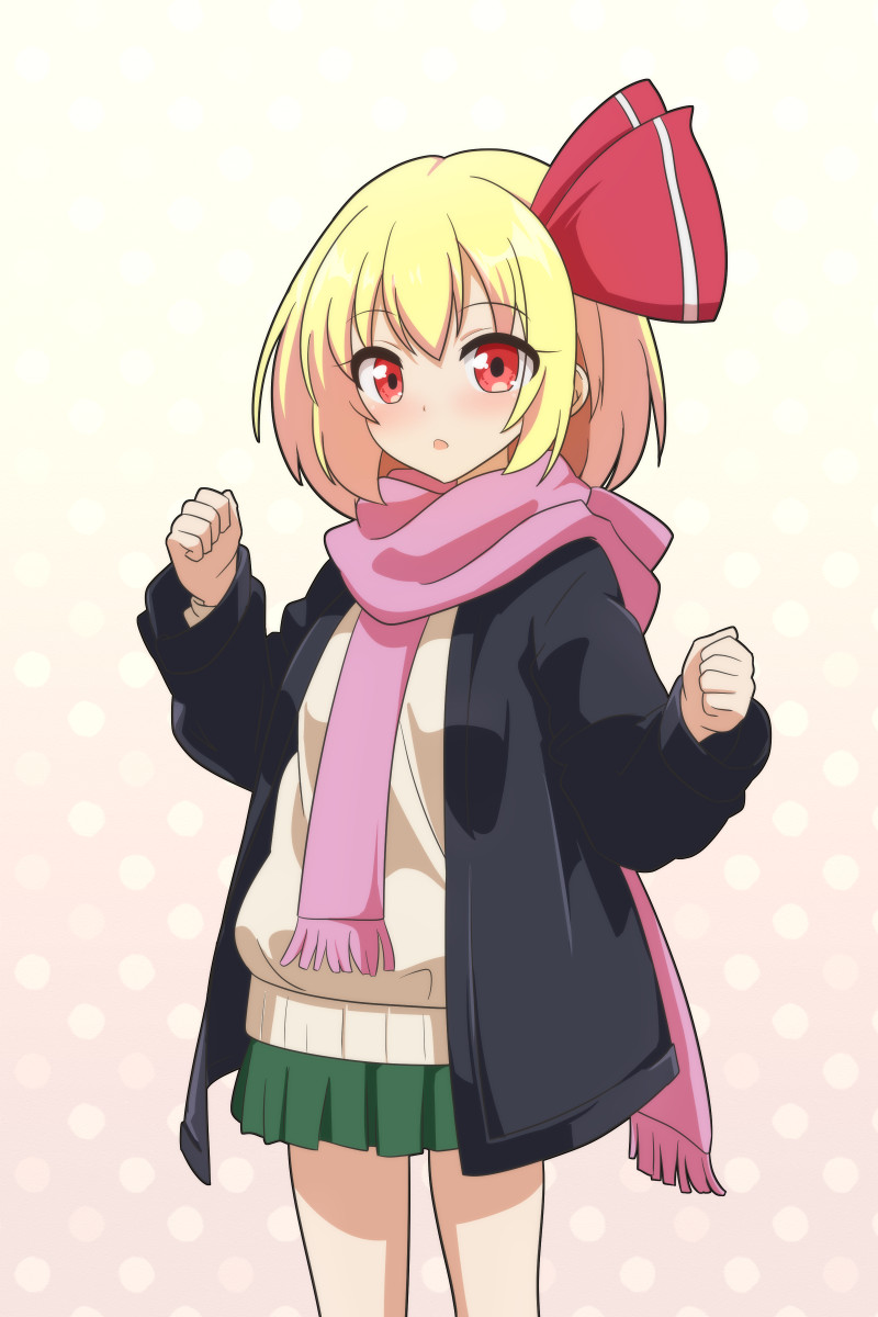 1girl black_jacket blonde_hair bow cato_(monocatienus) expressionless green_skirt hair_bow highres hood hoodie jacket looking_at_viewer open_mouth pink_scarf polka_dot polka_dot_background red_bow red_eyes rumia scarf short_hair skirt solo touhou white_background white_hoodie