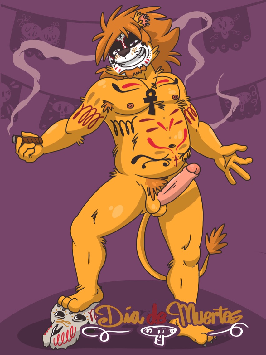 anthro balls beard black_nose bodypaint bone border brown_hair brown_text cigar cigar_smoke day_of_the_dead detailed_background erection facial_hair felid fur genitals hair holding_cigar holding_object humanoid_genitalia humanoid_penis jewelry lion male mammal maroon_text muscular muscular_male navel necklace nipples nude open_mouth pantherine penis pink_penis purple_background purple_border purple_eyes red_text rthur simple_background skull smile solo spanish_text standing_on_object teeth_showing text whiskers yellow_body yellow_fur