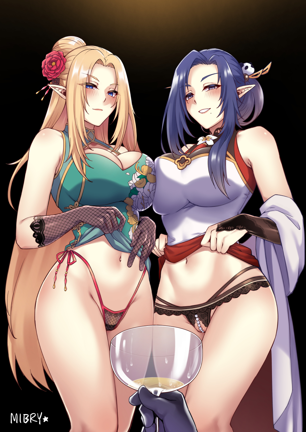 2girls alpha_(kage_no_jitsuryokusha_ni_naritakute!) black_gloves blonde_hair blood blue_eyes blue_hair blush breast_press breasts censored china_dress chinese_clothes cleavage clothes_lift cup dress dress_lift female_pubic_hair fingerless_gloves fishnet_gloves fishnets flower gamma_(kage_no_jitsuryokusha_ni_naritakute!) gloves green_dress hair_bun hair_flower hair_ornament highres holding holding_cup kage_no_jitsuryokusha_ni_naritakute! large_breasts looking_at_viewer mibry_(phrysm) mosaic_censoring multiple_girls navel nosebleed pee pee_in_container pointy_ears pov pubic_hair pussy smile standing symmetrical_docking white_dress