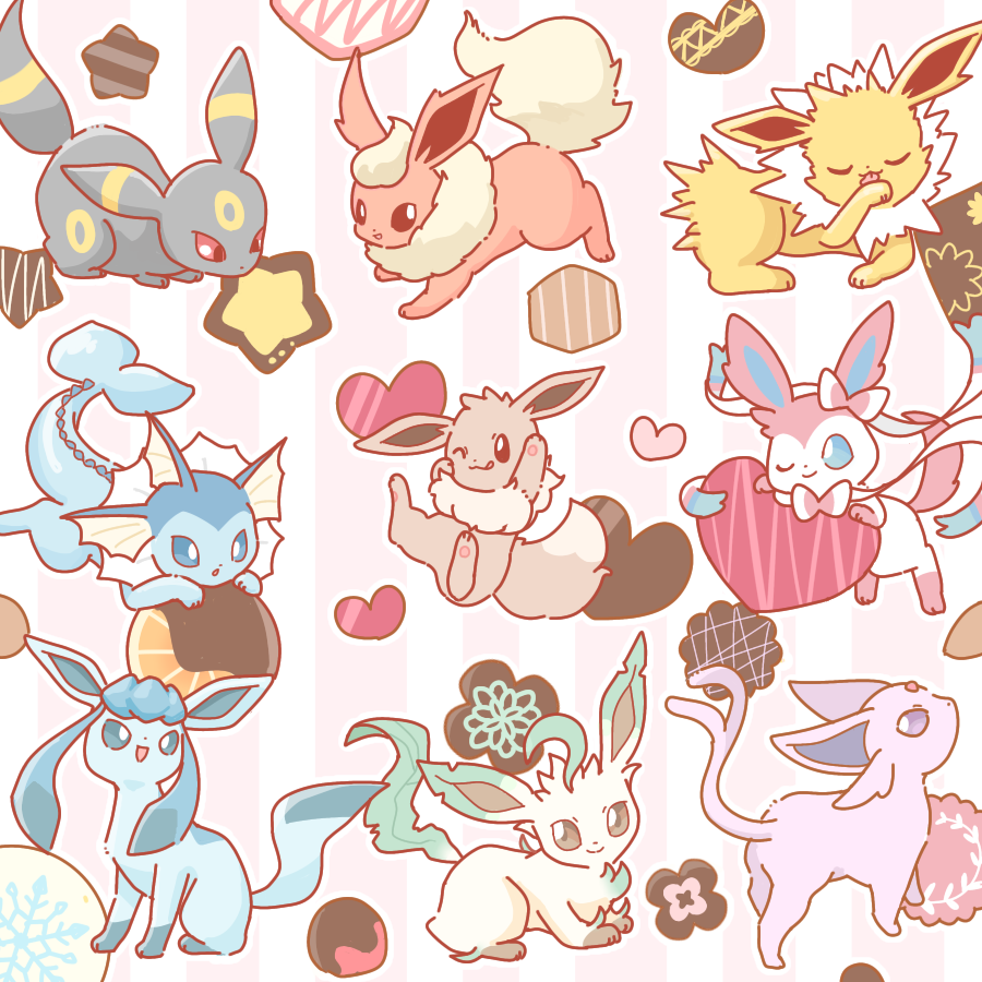 animal_focus asakoline blue_eyes bright_pupils brown_eyes chocolate chocolate_covered closed_eyes closed_mouth dot_nose eevee espeon flareon forehead_jewel glaceon heart jolteon leafeon licking_lips licking_self no_humans one_eye_closed open_mouth pawpads pokemon pokemon_(creature) purple_eyes red_eyes smile split_tail star_(symbol) striped striped_background sylveon tongue tongue_out umbreon vaporeon white_pupils