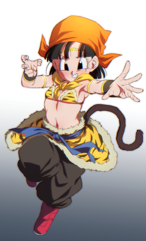 1girl alternate_costume animal_print bandana black_eyes black_hair black_pants boots clenched_teeth cosplay dragon_ball dragon_ball_gt flat_chest full_body gradient_background grey_background looking_at_viewer monkey_tail navel orange_bandana pan_(dragon_ball) pants red_footwear rom_(20) short_hair smile solo sun_wukong sun_wukong_(cosplay) tail teeth tiger_print