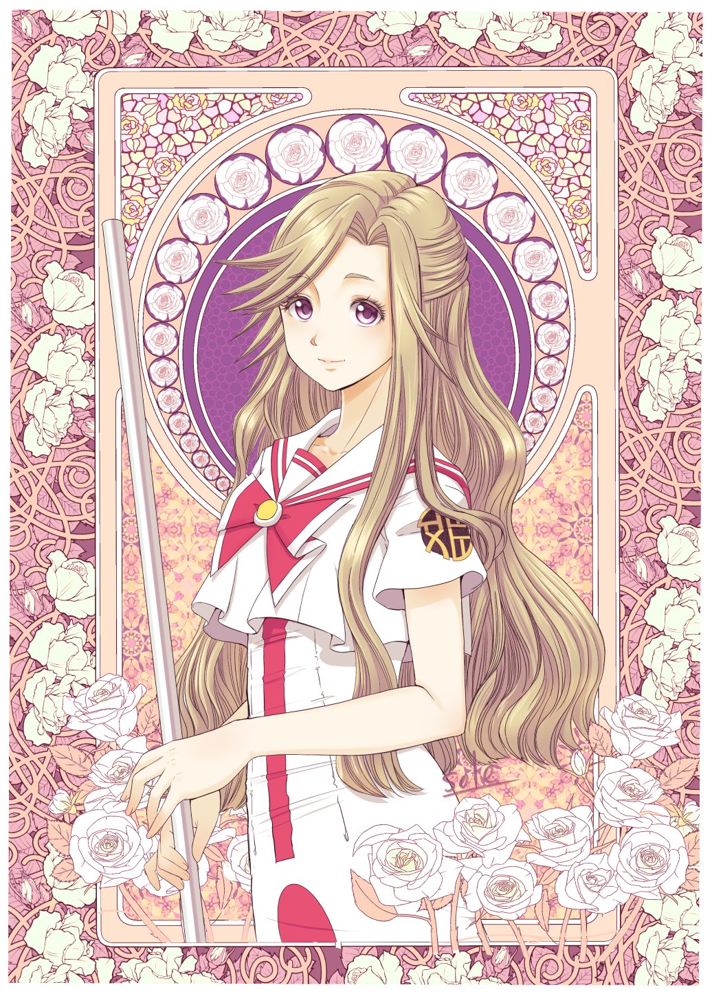 1girl ametsuchi_akino aria bow bowtie brown_hair closed_mouth collarbone cowboy_shot dress eyelashes floral_background flower highres himeya_company_uniform holding holding_oar impossible_clothes impossible_dress long_hair looking_at_viewer oar parted_bangs purple_eyes red_bow red_bowtie sailor_collar short_sleeves sidelocks smile solo swept_bangs telaform white_dress white_flower