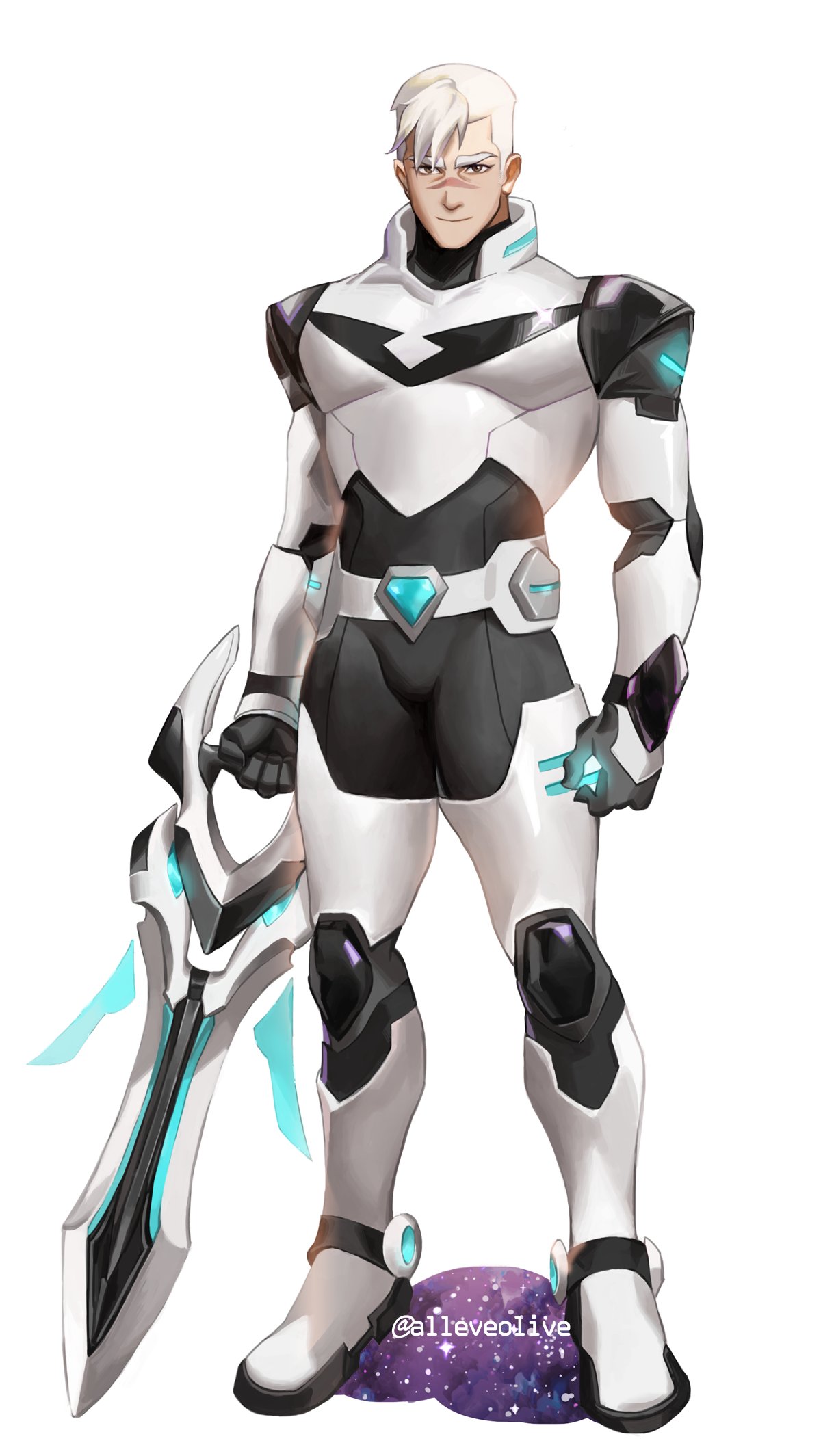 1boy alleveolive black_bodysuit bodysuit closed_mouth highres holding holding_sword holding_weapon male_focus scar scar_on_face scar_on_nose short_hair simple_background solo sword takashi_shirogane twitter_username voltron:_legendary_defender voltron_(series) weapon white_background white_hair