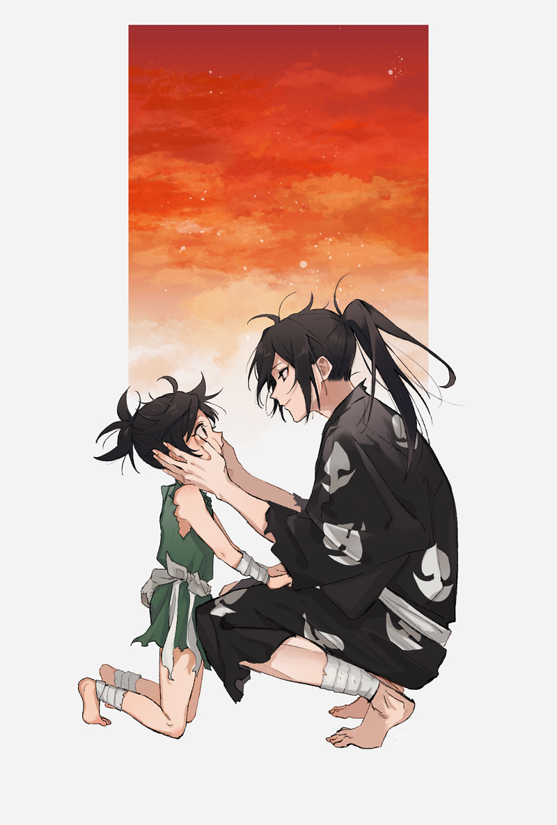 1boy 1girl ankle_wrap black_hair child closed_mouth dororo_(character) dororo_(tezuka) female_child hands_on_another's_cheeks hands_on_another's_face hyakkimaru_(dororo) kneeling long_hair looking_at_another medium_hair pants ponytail sakamoto_bin shirt simple_background smile squatting white_background