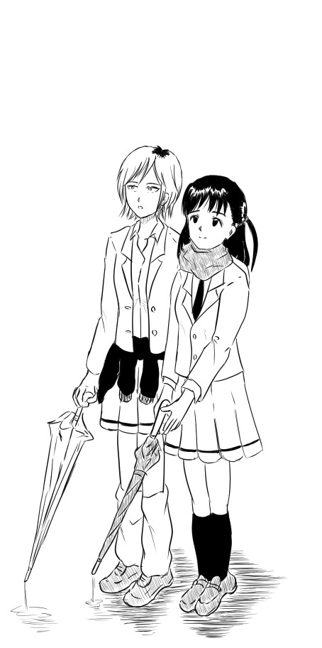 2girls holding holding_umbrella imae_megumi monochrome multiple_girls ryou_gx school_uniform skirt umbrella watashi_ga_motenai_no_wa_dou_kangaetemo_omaera_ga_warui! yoshida_masaki