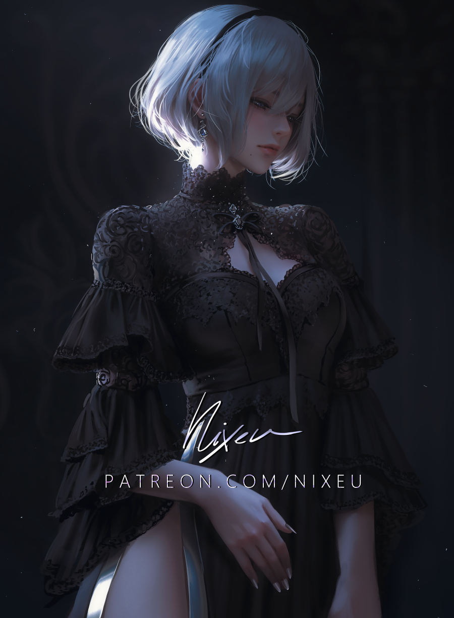 1girl backlighting black_dress cowboy_shot dress earrings fingernails grey_hair hairband highres jewelry lips long_fingernails looking_to_the_side mole mole_under_mouth nier_(series) nixeu nose patreon_username portrait short_hair signature solo standing yorha_no._2_type_b