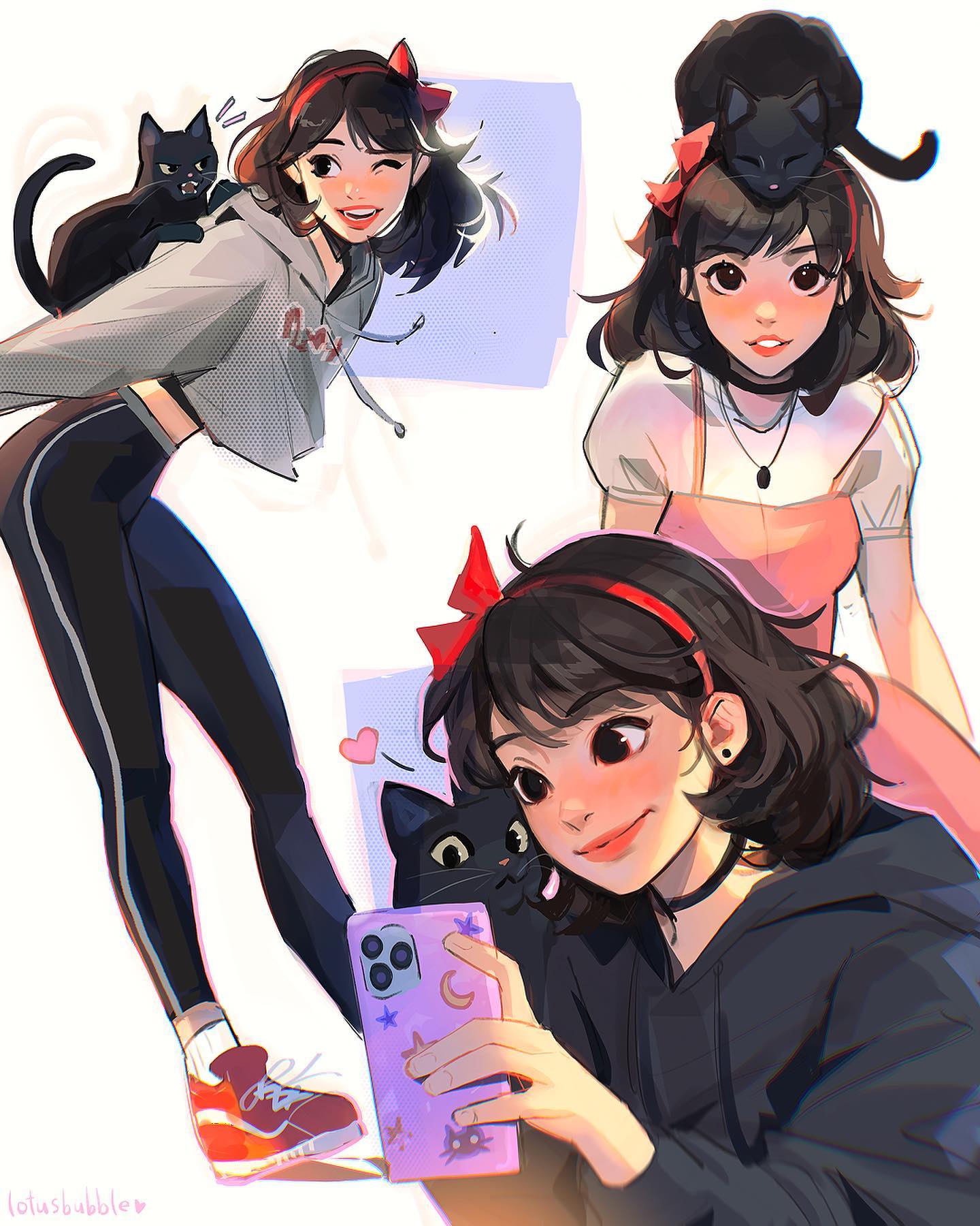 animal_on_head black_cat black_choker black_ear_piercing black_hoodie black_leggings black_pants blush bow cat cat_face_sticker cat_on_head cellphone choker contemporary crescent cropped_hoodie dress ear_piercing grey_hoodie hair_bow happy highres hood hoodie iphone jewelry jiji_(majo_no_takkyuubin) kiki_(majo_no_takkyuubin) leggings looking_at_viewer lotus_bubble majo_no_takkyuubin makeup multiple_views necklace on_head pants phone phone_case piercing pink_dress pink_phone_case red_bow red_eyes red_lips red_sneakers shirt shoes signature smartphone smile sneakers sportswear star_(symbol) star_sticker sticker white_background white_shirt