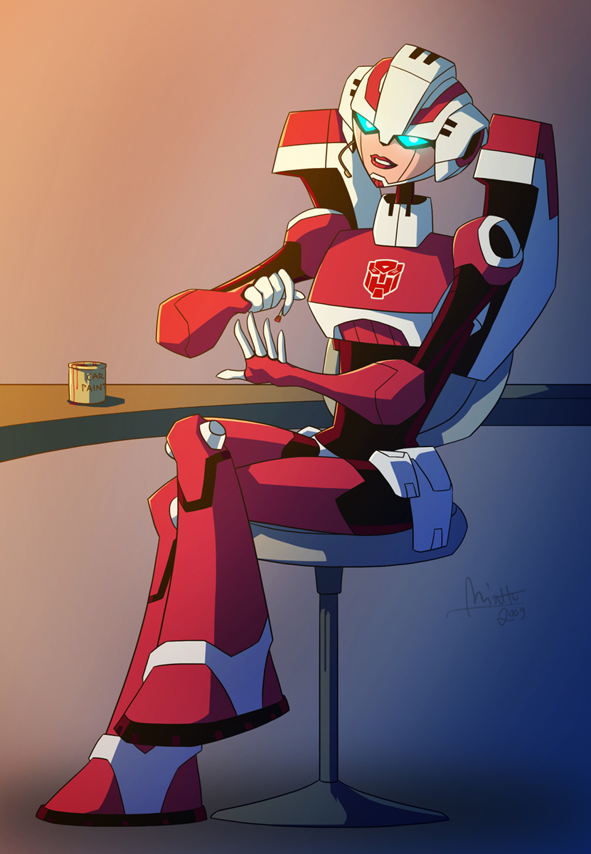 1girl arcee autobot backpack bag blue_eyes breasts highres humanoid_robot looking_at_viewer mecha_musume medium_breasts minttu_hynninen nail_polish painting_nails red_lips robot sitting thighs toon_(style) transformers transformers_animated