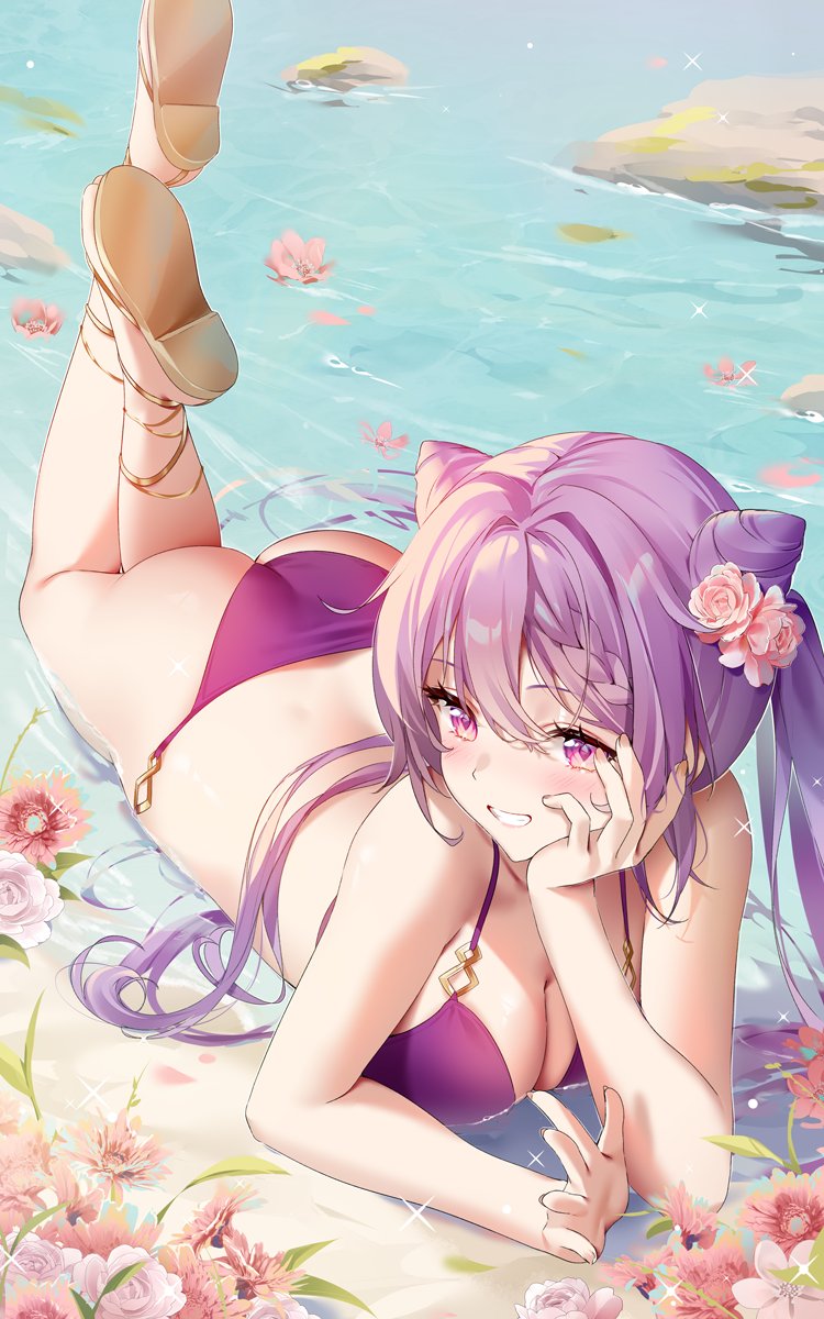 1girl ass bare_arms bare_shoulders bikini commentary cone_hair_bun flower genshin_impact grin hair_bun hair_flower hair_ornament hand_up highres keqing_(genshin_impact) long_hair looking_at_viewer lying ocean on_stomach pink_flower pink_rose purple_bikini purple_eyes purple_hair rimuu rose sandals smile solo swimsuit twintails water