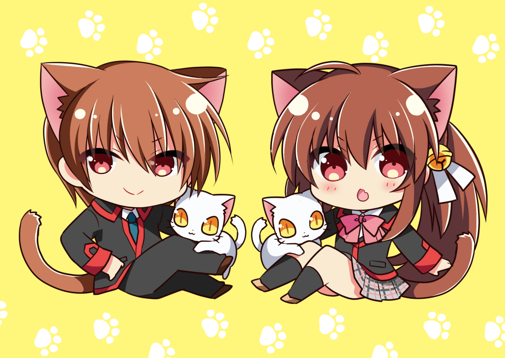 &gt;:) 1boy 1girl ahoge animal_ear_fluff animal_ears arm_at_side black_jacket black_pants blue_necktie blush bow brother_and_sister brown_hair brown_tail cat cat_boy cat_ears cat_girl cat_tail chestnut_mouth chibi closed_mouth commentary_request eyes_visible_through_hair fang grey_skirt hand_on_own_hip hano_haruka jacket knees_up little_busters! little_busters!_school_uniform long_sleeves looking_at_viewer miniskirt natsume_kyousuke natsume_rin necktie open_mouth pants paw_print pink_bow plaid plaid_skirt pleated_skirt red_eyes school_uniform short_hair siblings simple_background skin_fang skirt smile tail tail_raised v-shaped_eyebrows white_cat yellow_background