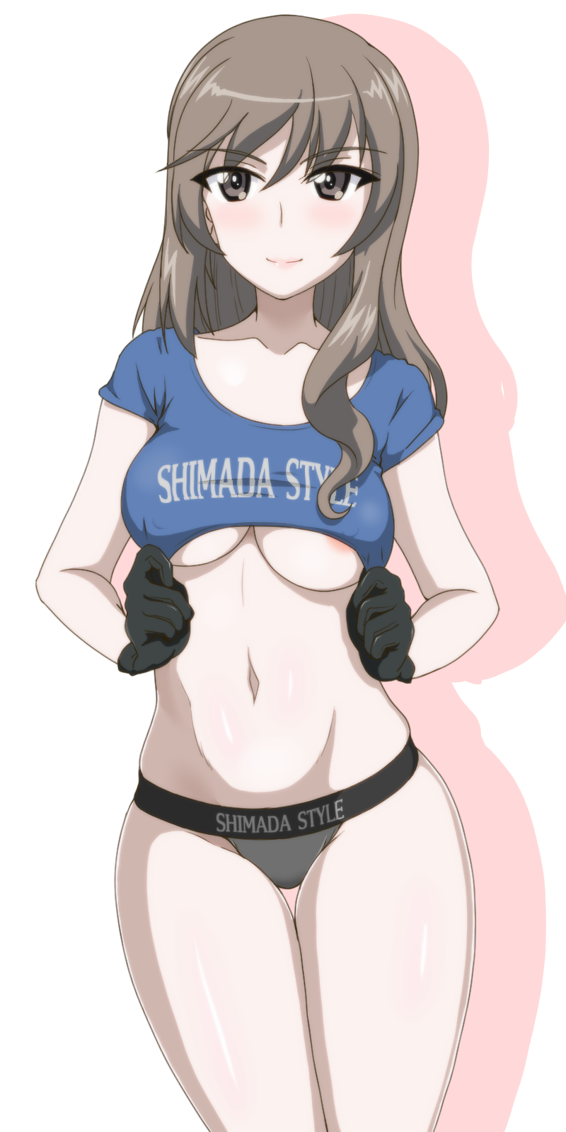 1girl areola_slip black_gloves blue_shirt blush breasts brown_eyes brown_hair closed_mouth collarbone girls_und_panzer gloves gogopaint grey_panties highres large_breasts long_hair looking_at_viewer navel no_bra panties shimada_chiyo shirt simple_background smile solo underboob underwear