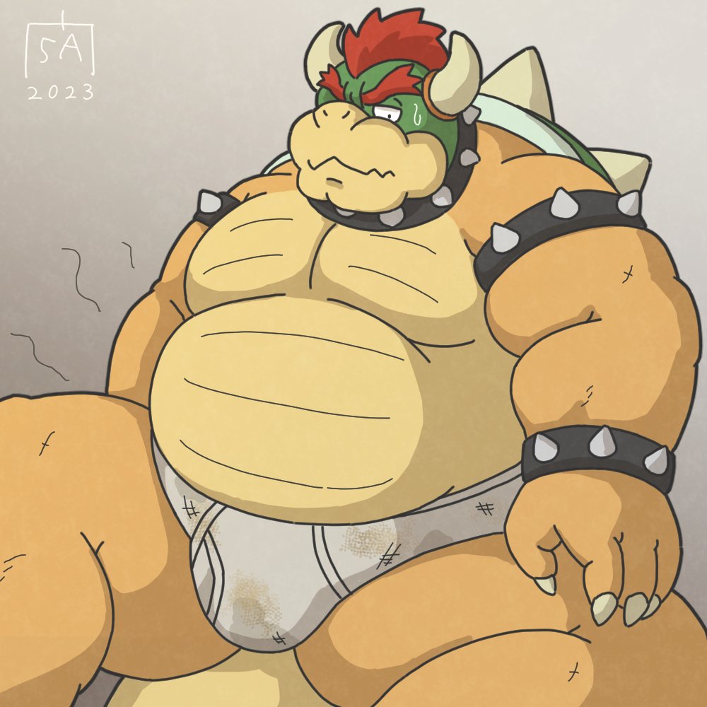 2023 anthro belly big_belly bowser bulge clothing dirty_underwear goyemon_k humanoid_hands kemono koopa male mario_bros nintendo overweight overweight_male scalie simple_background sitting solo underwear