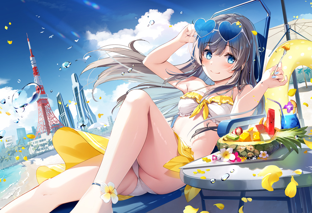 1girl anklet beach beach_chair bikini blue_eyes blue_sky blush breasts building cityscape closed_mouth cloud commentary_request day eyewear_on_head feet_out_of_frame floating_hair flower food fork fruit grey_hair heart heart-shaped_eyewear holding holding_fork jewelry knee_up long_hair looking_at_viewer miyase_mahiro original outdoors petals pineapple sarong sitting sky small_breasts smile solo sunglasses swimsuit table thighs tokyo_(city) tokyo_tower water_drop white_bikini white_flower yellow_sarong