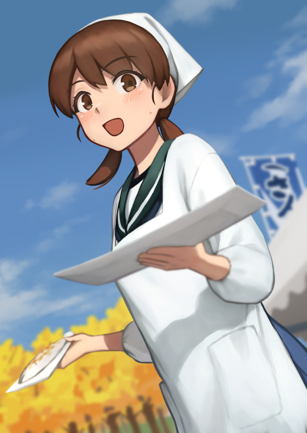 1girl apron bandana blue_sailor_collar blue_sky brown_eyes cloud commentary_request day dutch_angle fish highres kantai_collection kappougi looking_at_viewer low_twintails medium_hair official_alternate_costume outdoors parted_bangs plate porupurucha sailor_collar saury school_uniform serafuku shirayuki_(kancolle) short_twintails sky smile solo standing twintails white_bandana