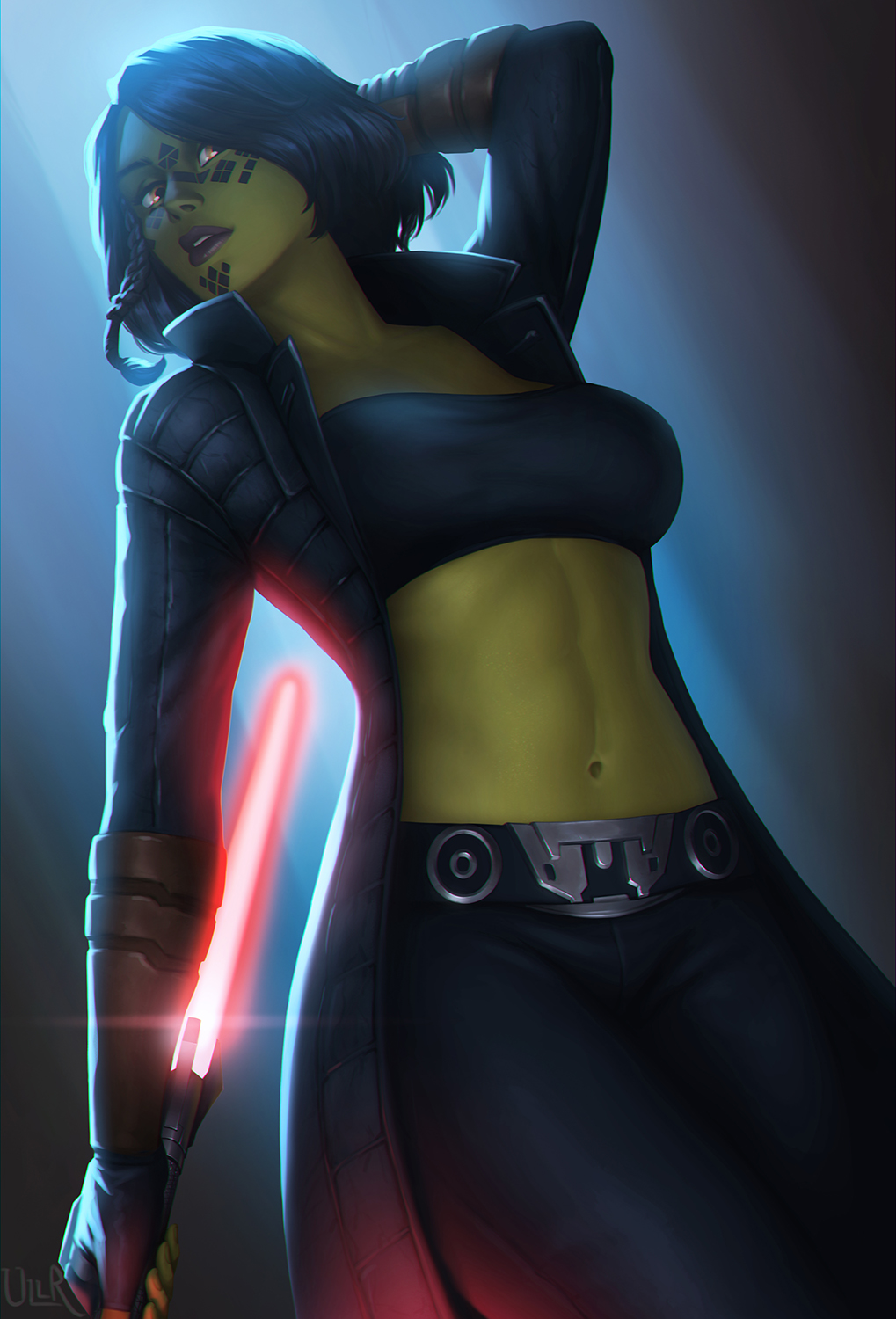 1girl abs alien artist_name belt black_coat black_gloves black_hair black_pants black_tube_top coat colored_skin energy_sword facial_mark fingerless_gloves gloves green_skin highres holding holding_lightsaber holding_weapon lightsaber medium_hair midriff mirialan navel open_clothes open_coat pants red_lightsaber reverse_grip solo star_wars star_wars:_the_old_republic strapless sword tube_top ullr watermark weapon yellow_eyes