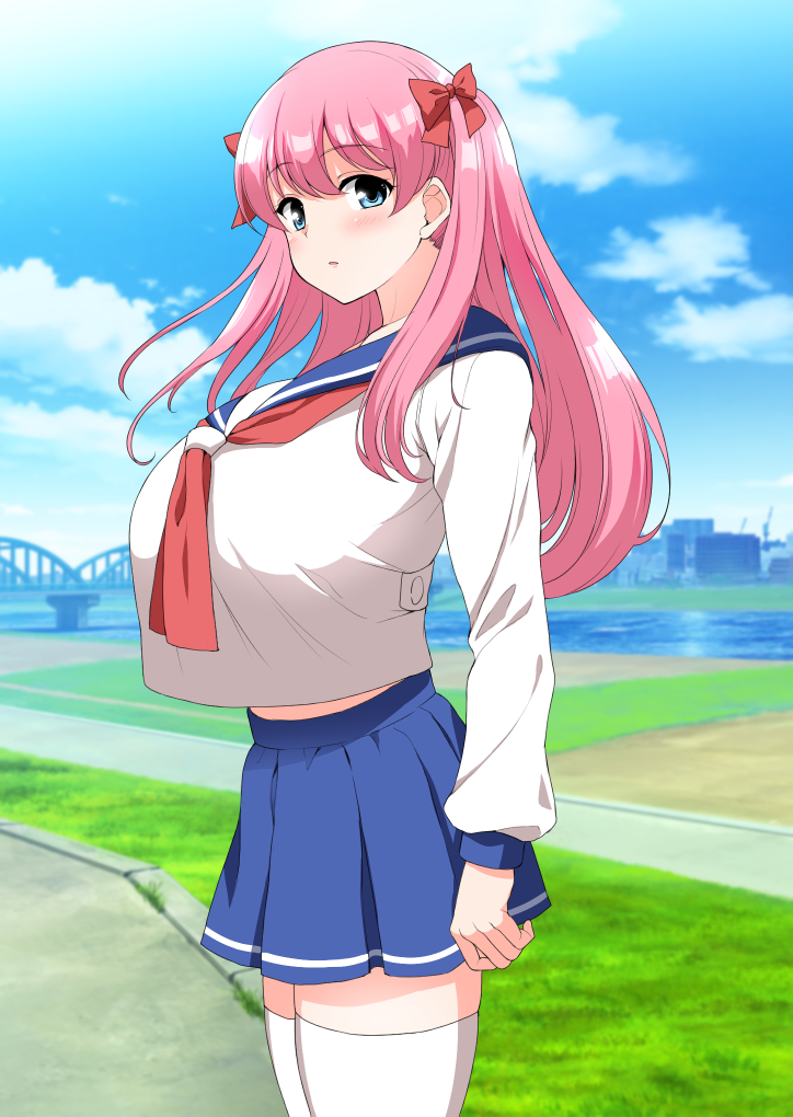 1girl arm_at_side blue_eyes blue_sailor_collar blue_skirt blue_sky blush bow breasts cityscape cloud cowboy_shot crop_top crop_top_overhang day expressionless from_side grass hair_bow haramura_nodoka huge_breasts long_hair long_sleeves looking_at_viewer looking_to_the_side midriff_peek neckerchief outdoors parted_lips pink_hair pleated_skirt red_bow red_neckerchief river sailor_collar saki school_uniform serafuku shirt shirt_overhang skirt sky solo standing thighhighs two_side_up white_shirt white_thighhighs yue_(show-ei) zettai_ryouiki