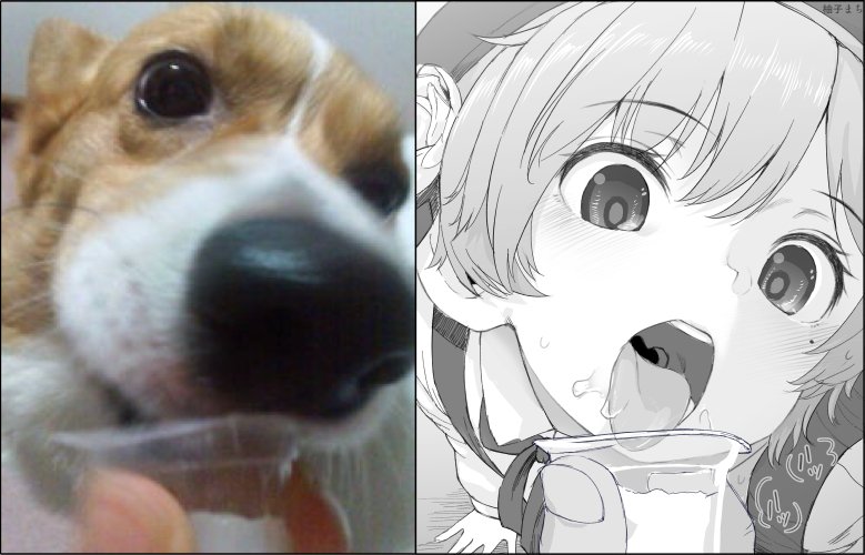1girl arm_support artist_name blush commentary_request cup dog feeding flower food food_on_face foreshortening gelatin hair_flower hair_ornament hatoba_tsugu heavy_breathing holding holding_cup licking looking_at_food mole mole_under_eye neck_ribbon open_mouth photo-referenced reference_inset ribbon saliva short_hair suspenders teeth tongue tongue_out tsugu_(vtuber) uvula virtual_youtuber welsh_corgi yuzu_machi_(e-lse)