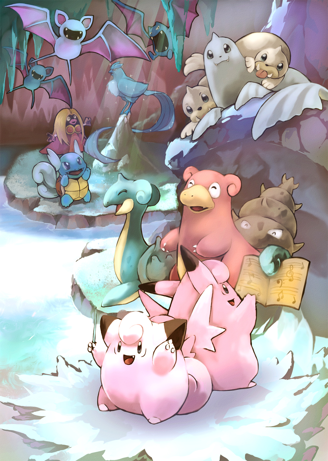 animal_focus articuno baton_(conducting) blonde_hair cave clefable clefairy closed_eyes dewgong fang fangs golbat head_wings highres holding ice jynx lapras no_humans nostrils open_mouth pokemon pokemon_(creature) seel sheet_music slowbro sparkle stalactite stalagmite tail_feathers thick_lips toneko tongue tongue_out wartortle water wings zubat
