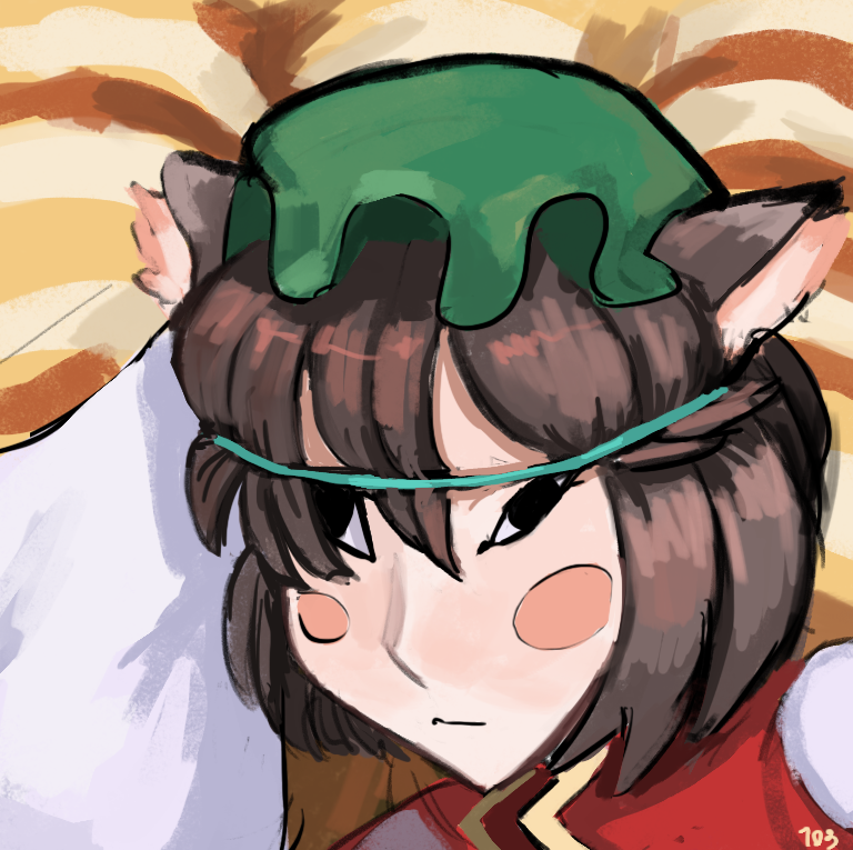 1girl animal_ear_fluff animal_ears artist_name black_eyes blush blush_stickers brown_hair cat_ears chen close-up closed_mouth danlamdae green_headwear hair_between_eyes hat mob_cap red_vest shirt short_hair solo string touhou vest wall-eyed white_shirt