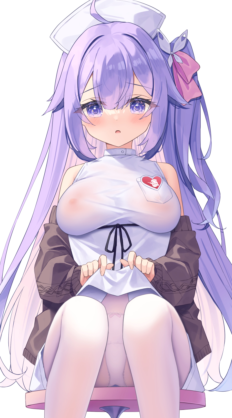 1girl ahoge azur_lane black_jacket blush bow bow_panties breasts clothes_lift covered_nipples dress dress_lift feet_out_of_frame hair_between_eyes hair_intakes hat highres jacket large_breasts lifted_by_self long_hair long_sleeves looking_at_viewer nurse nurse_cap off_shoulder one_side_up panties panties_under_pantyhose pantyhose parted_lips puffy_long_sleeves puffy_sleeves purple_eyes purple_hair satsuki_yukimi see-through simple_background sitting sleeveless sleeveless_dress sleeves_past_wrists solo stool underwear unicorn_(azur_lane) very_long_hair white_background white_dress white_panties white_pantyhose