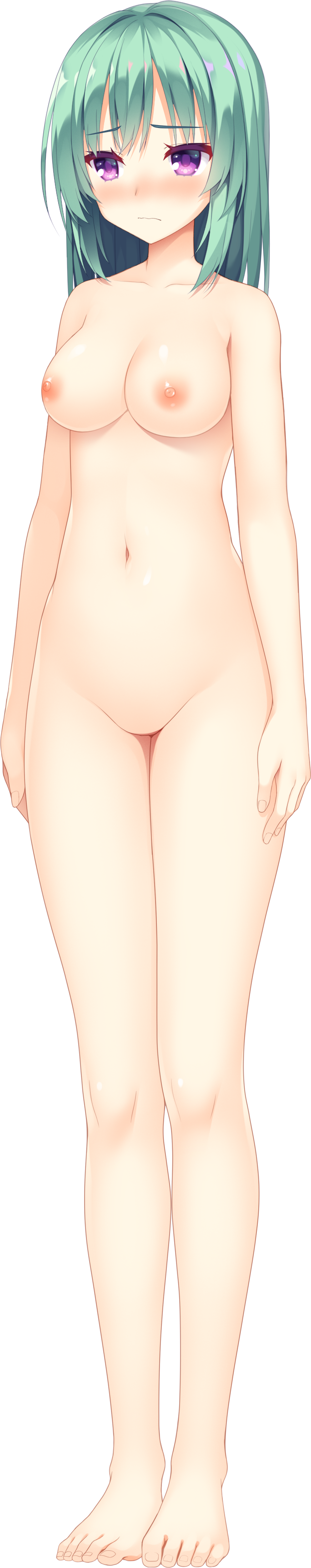 1girl absurdres barefoot blush breasts completely_nude full_body green_hair highres large_breasts medium_hair muririn navel nipples no_pussy non-web_source nude official_art photoshop_(medium) purple_eyes solo standing tachi-e takadate_orie tall_image tenshi_souzou