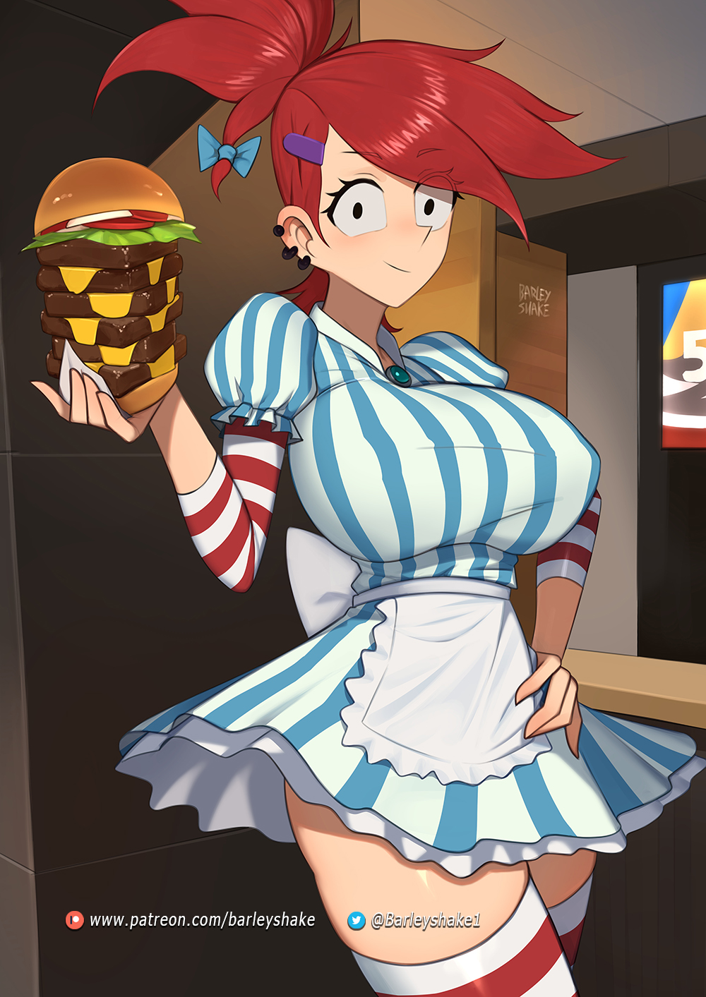 1girl apron aqua_bow barleyshake bow breasts burger cheese cosplay covered_nipples cowboy_shot dress ear_piercing earrings food foster's_home_for_imaginary_friends frankie_foster hair_bow hair_ornament hairclip hand_on_own_hip highres jewelry large_breasts lettuce looking_at_viewer piercing ponytail puffy_short_sleeves puffy_sleeves red_hair short_sleeves signature solo striped striped_dress striped_thighhighs thighhighs tomato tomato_slice too_much_burger twitter_username web_address wendy's wendy_(wendy's) wendy_(wendy's)_(cosplay) white_apron