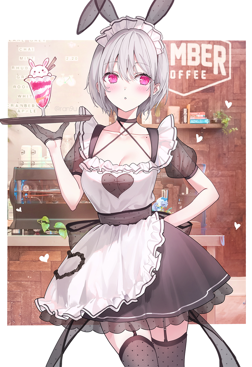 1girl :o animal_ears apron arm_behind_back barista black_dress black_garter_straps black_thighhighs breasts cleavage dress english_text fake_animal_ears garter_straps gloves grey_gloves grey_hair hair_between_eyes half_gloves hand_up heart highres holding holding_plate ice_cream_cup looking_at_viewer maid maid_apron maid_headdress medium_breasts mole original parted_lips pink_eyes plate polka_dot polka_dot_gloves polka_dot_thighhighs puffy_short_sleeves puffy_sleeves rabbit_ears rangu see-through see-through_cleavage see-through_sleeves short_hair short_sleeves thighhighs twitter_username white_apron