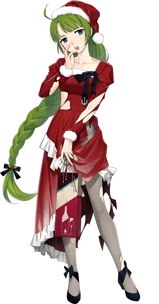 1girl ahoge bag blue_eyes braid dress fujikawa full_body fur-trimmed_headwear fur_trim green_hair grey_pantyhose hand_on_own_face hat kantai_collection long_hair mole mole_under_mouth official_alternate_costume official_art open_mouth pantyhose red_dress santa_hat shopping_bag single_braid solo third-party_source torn_clothes transparent_background very_long_hair yuugumo_(kancolle)