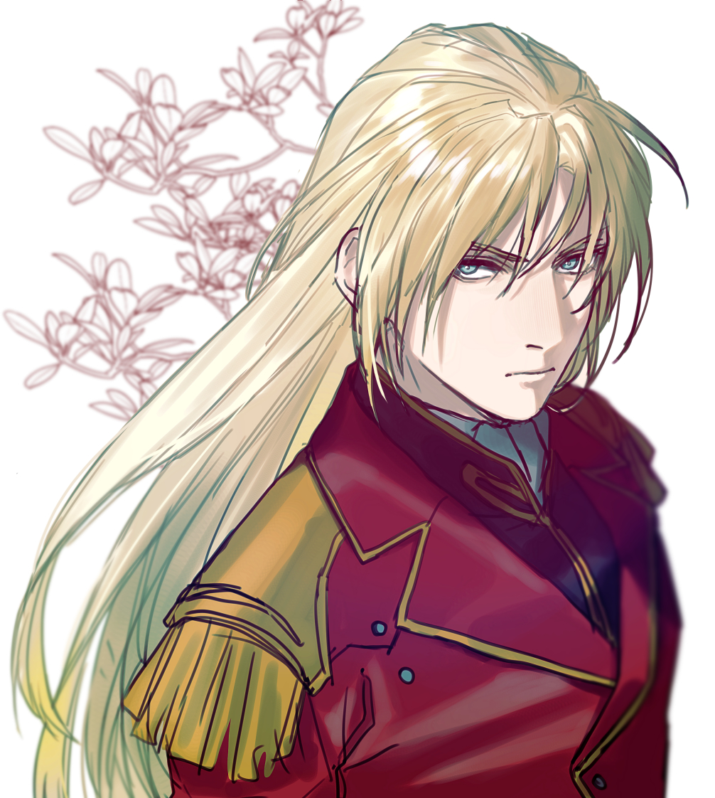 1boy blonde_hair blue_eyes closed_mouth commentary_request epaulettes floral_background gundam gundam_wing hair_between_eyes jacket lapels long_hair looking_at_viewer male_focus military_jacket red_jacket solo upper_body ususio_11 v-shaped_eyebrows white_background zechs_merquise