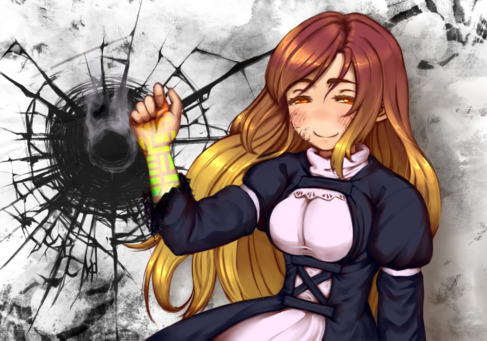 1girl anger_vein black_dress blonde_hair blush breasts brown_eyes brown_hair closed_mouth commentary_request cracked_wall crater cross-laced_clothes dress false_smile fmn_(artist) gradient_hair half-closed_eyes hijiri_byakuren large_breasts layered_dress long_hair looking_at_viewer medium_bangs multicolored_hair smile smoke smoking_fist solo sorcerer's_sutra_scroll torn_clothes torn_sleeves touhou turtleneck_dress two-tone_hair underbust upper_body veiny_face wavy_hair white_dress