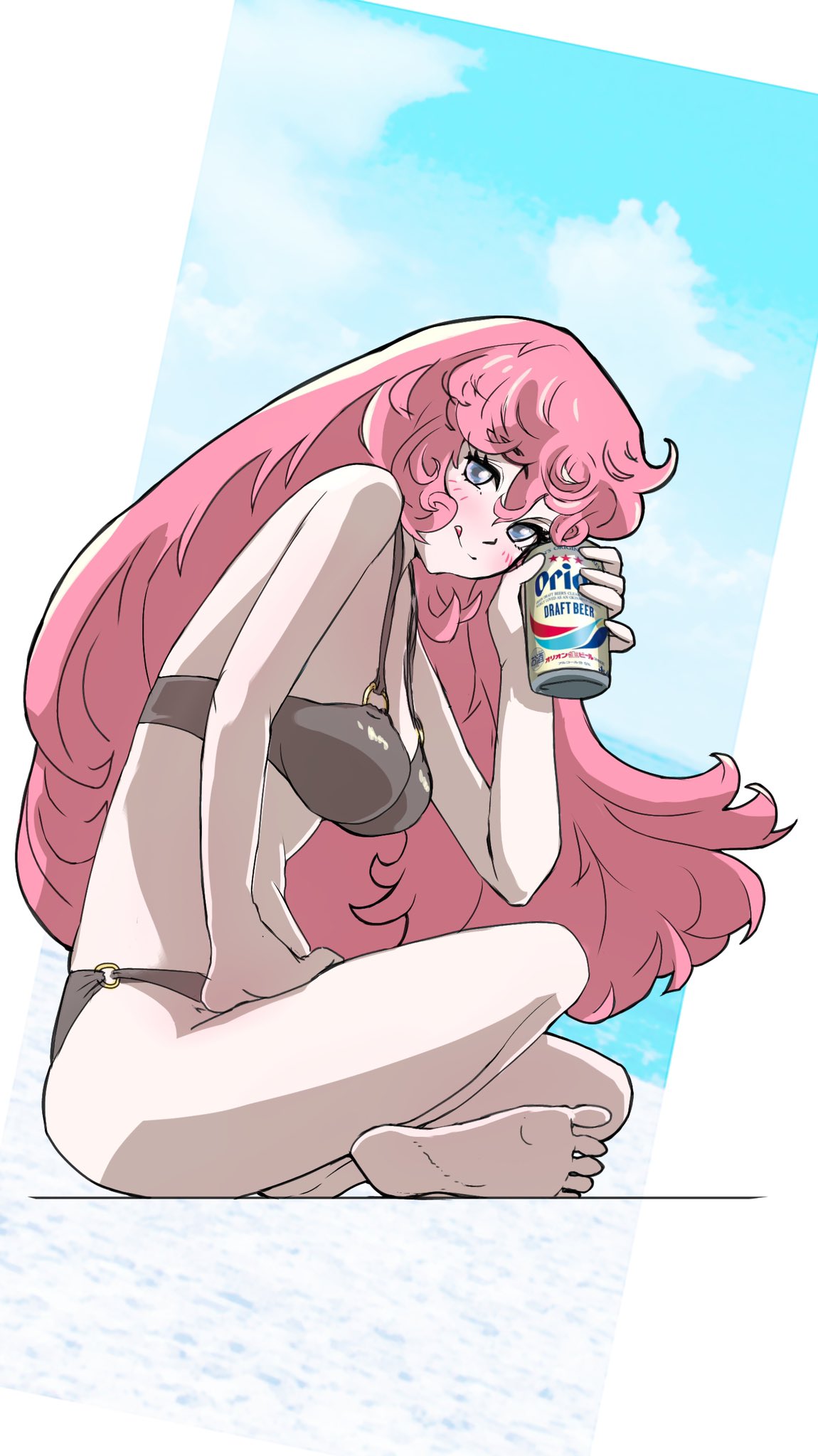 1girl beer_can bikini blush blush_stickers brand_name_imitation breasts can cloud cloudy_sky feet from_side grey_bikini hand_on_own_thigh highres holding holding_can indian_style long_hair looking_at_viewer maruoekai123 original pink_eyes sitting sky solo swimsuit toes tongue tongue_out