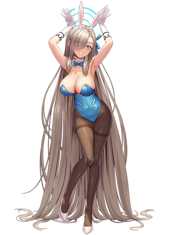 1girl animal_ears asuna_(blue_archive) asuna_(bunny)_(blue_archive) black_pantyhose blue_archive blue_eyes blue_halo blue_leotard blue_ribbon blush breasts cleavage fake_animal_ears full_body gloves grin hair_over_one_eye hair_ribbon halo high_heels large_breasts leotard light_brown_hair long_hair mole mole_on_breast official_alternate_costume pantyhose rabbit_ears rabbit_pose ribbon simple_background smile solo strapless strapless_leotard tako_seijin white_background white_footwear white_gloves