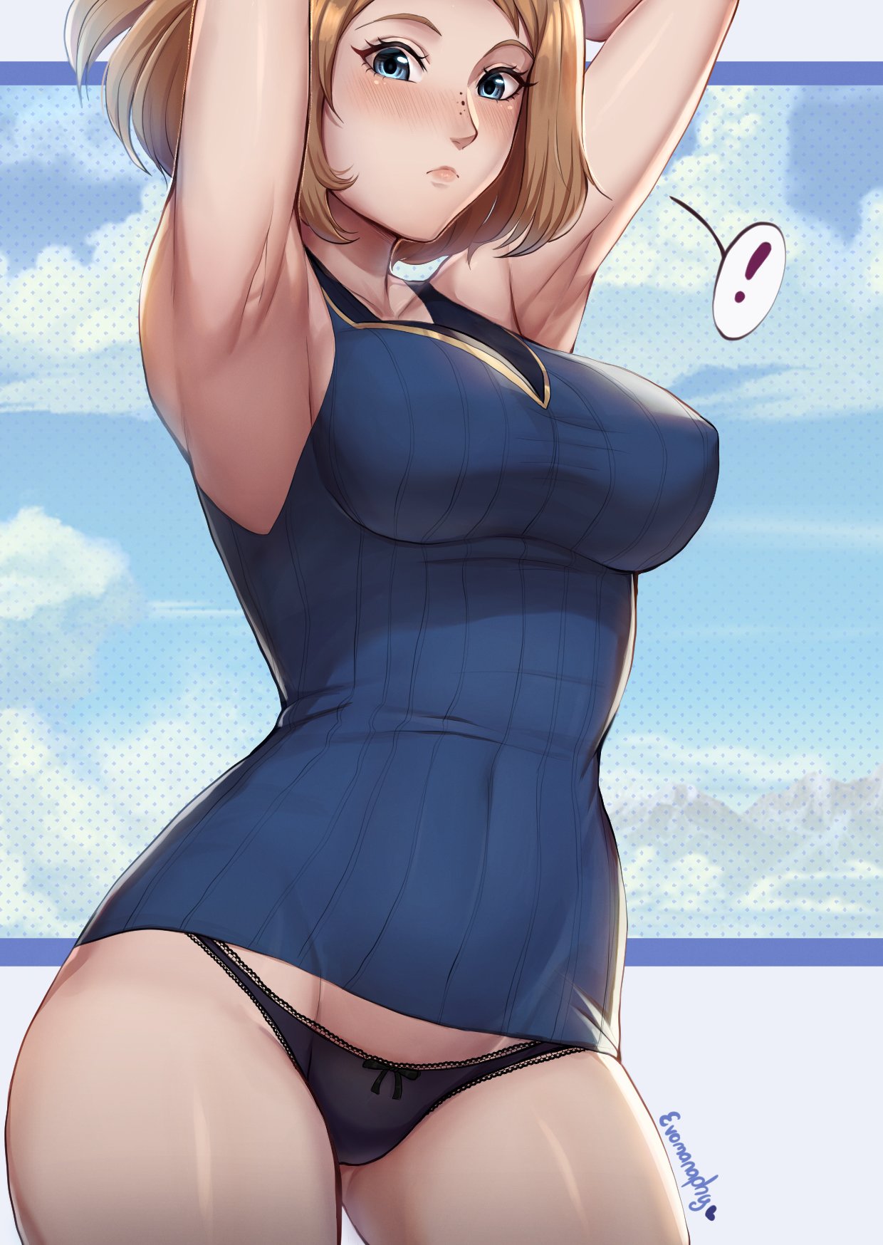 ! 1girl armpits arms_up artist_name black_panties blonde_hair blue_eyes blue_shirt blush breasts evomanaphy fire_emblem fire_emblem_heroes freckles highres kiran_(female)_(fire_emblem) kiran_(fire_emblem) large_breasts looking_at_viewer medium_hair panties shirt signature speech_bubble stretching striped striped_shirt underwear