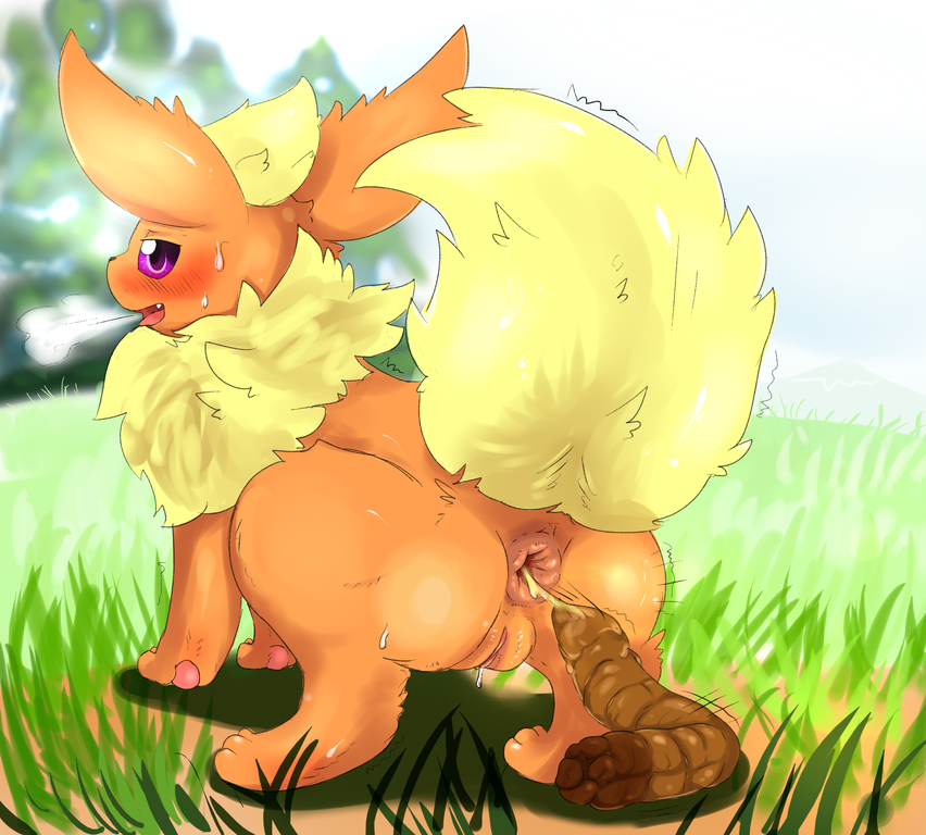 44shio anus blush bodily_fluids canid canine eeveelution feces female feral flareon fur generation_1_pokemon genitals mammal nintendo open_mouth pokemon pokemon_(species) pooping pussy scat simple_background solo tail