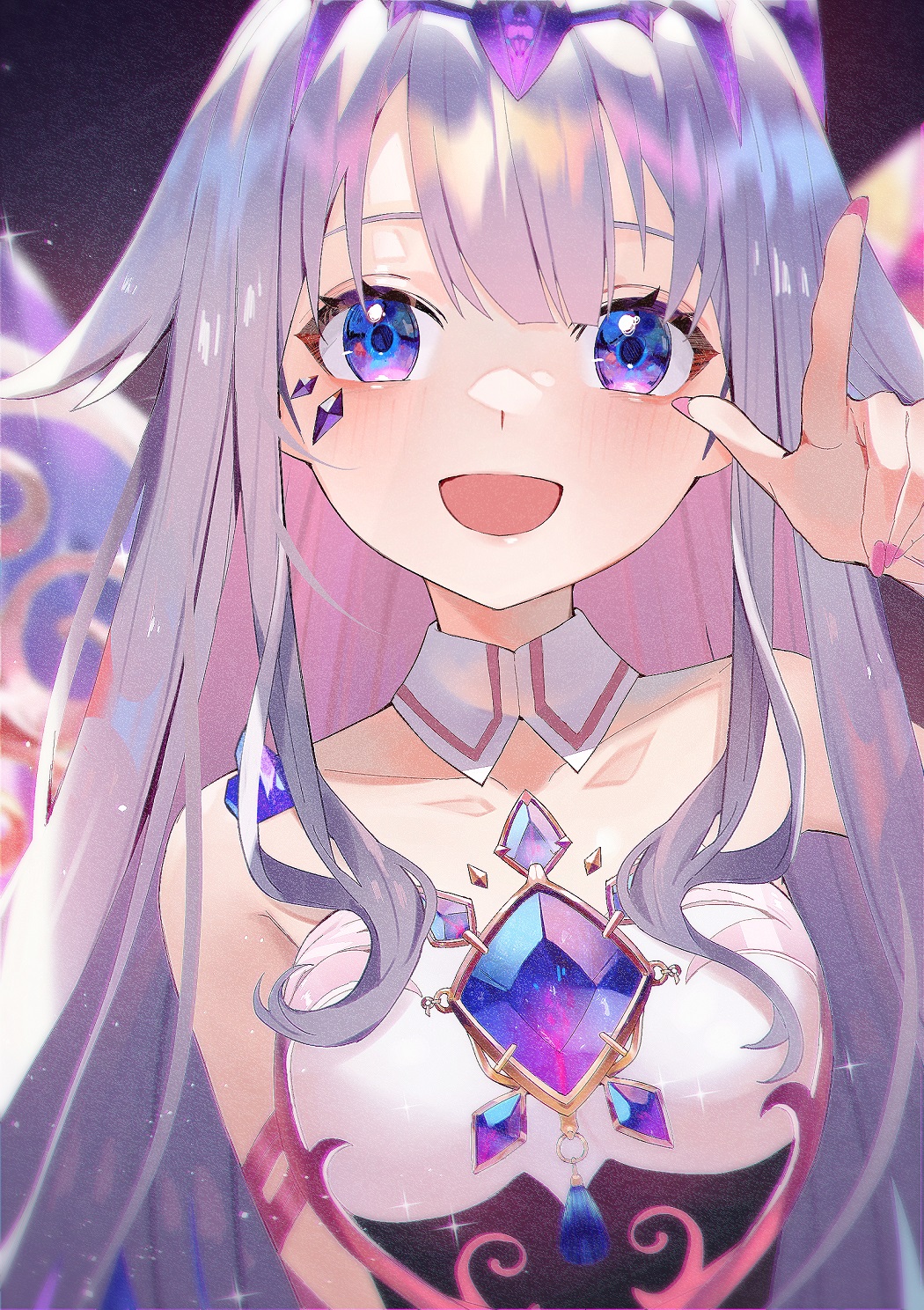 1girl :d bare_shoulders blue_eyes blurry blurry_background breasts collarbone commentary_request crystal_wings darkzmonsty depth_of_field detached_wings dress grey_hair hand_up highres hololive hololive_english index_finger_raised koseki_bijou long_hair multicolored_hair nail_polish pink_hair pink_nails small_breasts smile solo strapless strapless_dress two-tone_hair upper_body very_long_hair virtual_youtuber white_dress wings