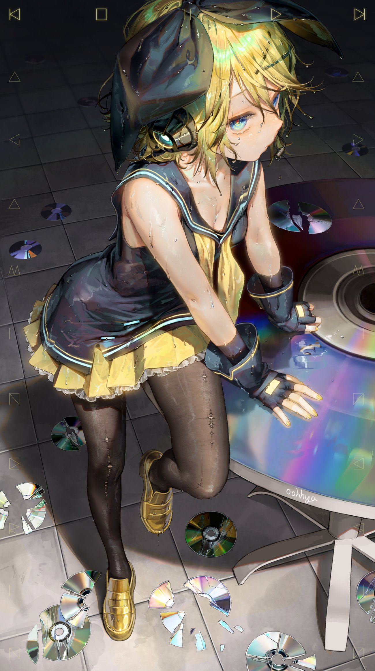 1girl black_bow black_hairband black_pantyhose black_sailor_collar black_shirt blonde_hair blue_eyes bow cd commentary gold_footwear hair_bow hair_ornament hairband hairclip highres indoors kagamine_rin loafers looking_to_the_side loose_neckerchief neckerchief oohhya pantyhose sailor_collar shirt shoes short_hair sitting sitting_on_table skirt sleeveless sleeveless_shirt solo swept_bangs table tile_floor tiles torn_clothes torn_pantyhose vocaloid wet wet_clothes wet_hair yellow_neckerchief yellow_skirt
