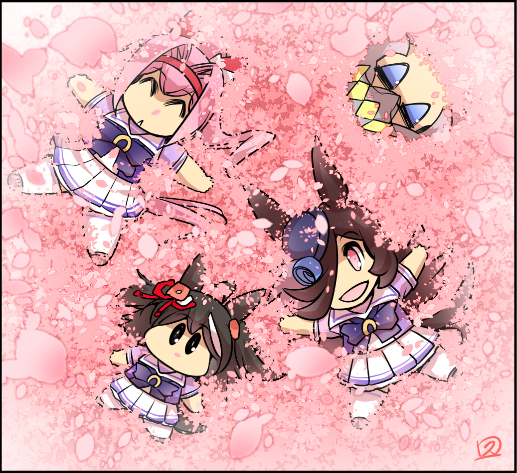 4girls ^_^ aged_down animal_ears black_border black_hair blue_eyes blue_flower blue_headwear blue_rose border bow bowtie breasts brown_hair buried cherry_blossoms chibi closed_eyes commentary ear_covers falling_petals flower from_above grey_hair hair_between_eyes hair_intakes hair_over_one_eye hairband haru_urara_(umamusume) hat hat_flower headband hisahiko horse_ears horse_girl horse_tail jitome kitasan_black_(umamusume) lying multicolored_hair multiple_girls no_mouth oguri_cap_(umamusume) on_back petals pink_eyes pink_hair pink_headband pleated_skirt ponytail purple_bow purple_bowtie rice_shower_(umamusume) rose sailor_collar sailor_shirt school_uniform shirt short_sleeves signature skirt solid_oval_eyes spring_(season) streaked_hair summer_uniform swept_bangs tail thighhighs tracen_school_uniform two-tone_hair umamusume white_hair white_sailor_collar white_skirt white_thighhighs yellow_hairband