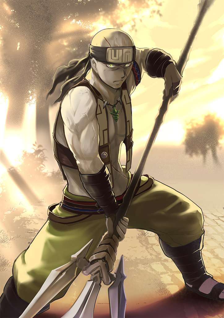 1boy bald bandaged_wrist bandages bandana blurry blurry_background commentary_request holding holding_polearm holding_weapon jas_(kda10457) jewelry looking_at_viewer muscular muscular_male mushoku_tensei necklace open_clothes open_vest outdoors pants polearm ruijerd_superdia sandals scar scar_on_face scar_on_stomach sky solo tooth_necklace vest weapon yellow_eyes yellow_pants yellow_sky yellow_vest