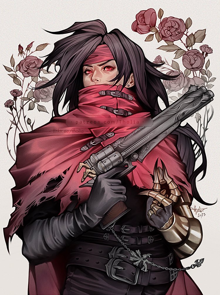 1boy arm_armor armor asymmetrical_armor belt belt_buckle black_gloves black_hair buckle bullet cape chain commentary earrings english_commentary facing_viewer final_fantasy final_fantasy_vii floral_background flower gloves grey_background gun headband holding holding_bullet holding_gun holding_weapon jewelry long_hair male_focus multiple_belts pink_flower red_cape red_eyes red_headband solo stud_earrings tholia_bentz thorns torn_cape torn_clothes upper_body vincent_valentine weapon